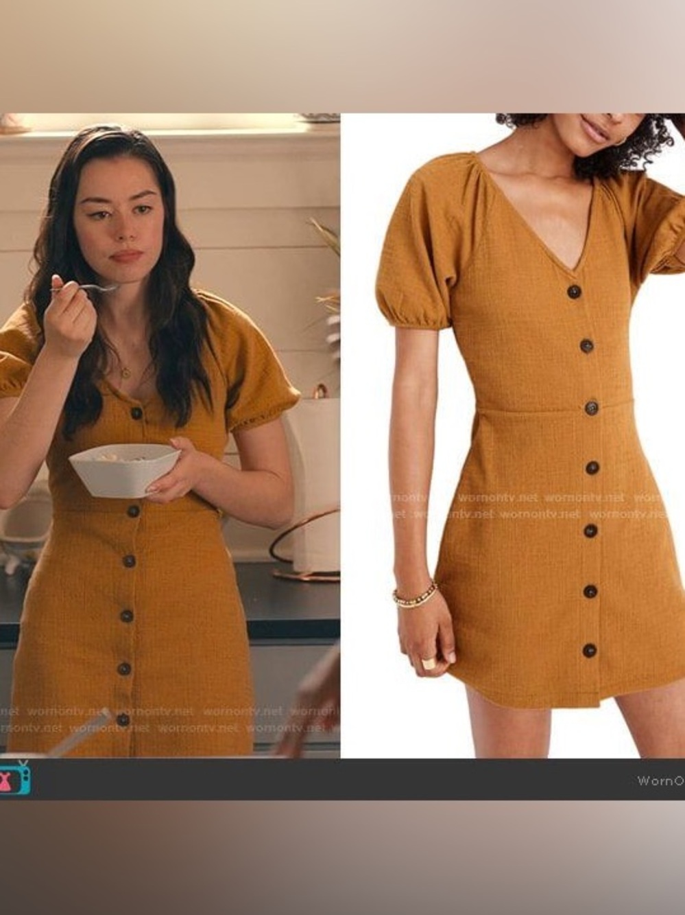 Madewell Mustard Button-Front Puff Sleeve Mini Dress - Picture 4 of 7